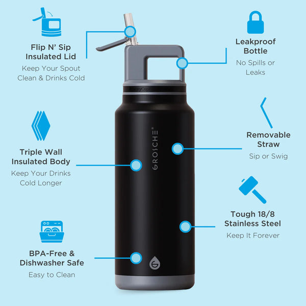 Grosche - Alpine Flip 'N Sip Large Insulated Water Bottle W/Straw 40oz