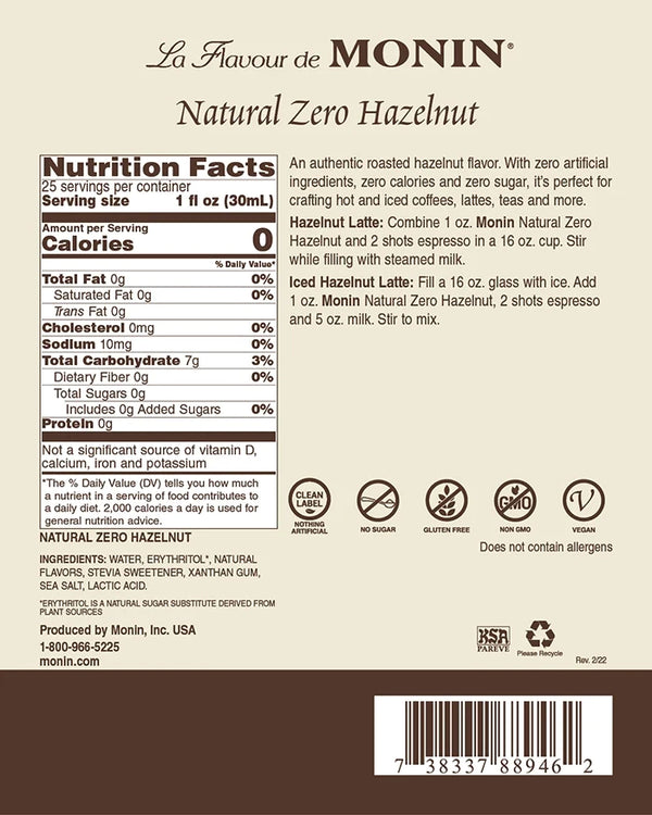 Monin® - Natural Zero Hazelnut Syrup 750mlL