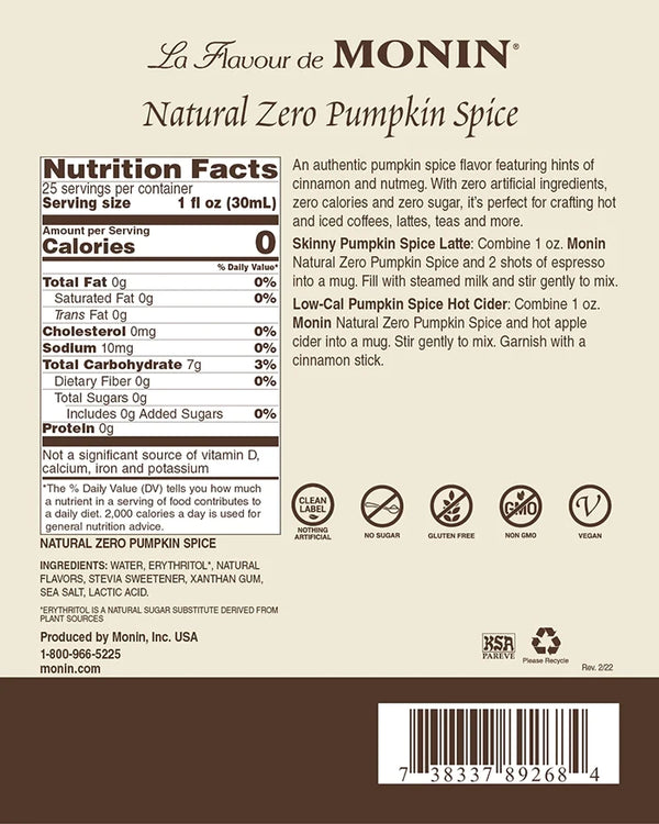 Monin® - Natural Zero Pumpkin Spice Syrup 750ml