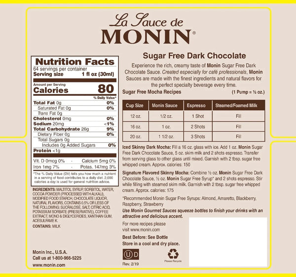 Monin® - Dark Chocolate Sugar Free Sauce 1.89L