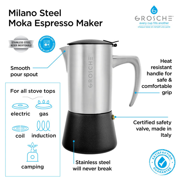 Grosche® - Milano Stainless Steel Stovetop 6 Cup Espresso Maker