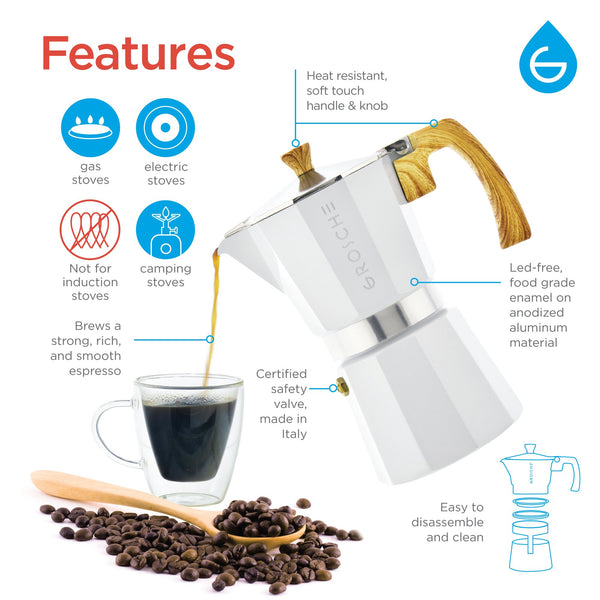 Grosche® - Milano White Stovetop 6 Cup Espresso Maker